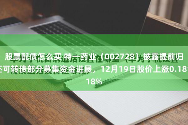 股票配债怎么买 特一药业(002728)披露提前归还可转债部分募集资金进展,12月19日股价上涨0.18%
